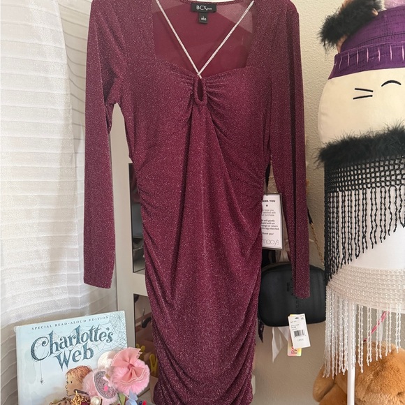 Macy\'s BCX Sparkling Long Sleeve Dress in Burgundy